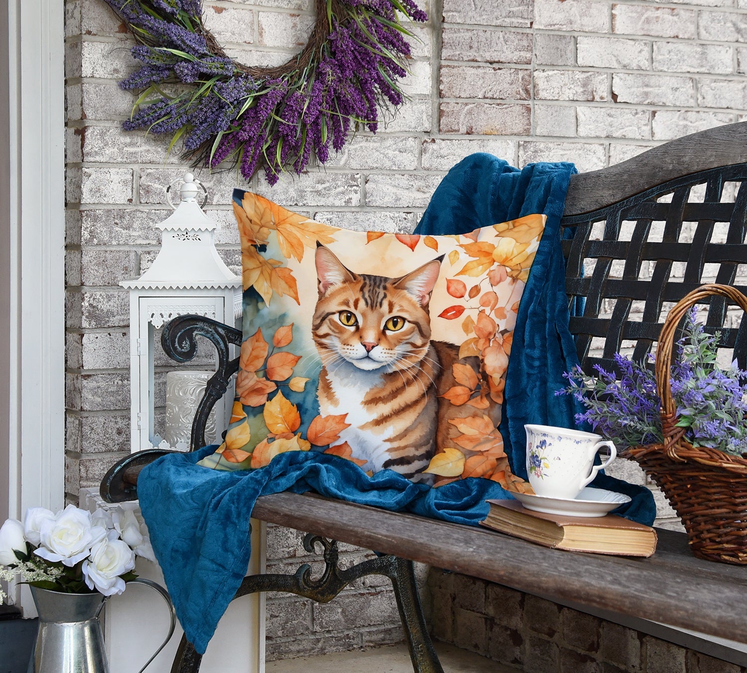 Aegean Cat in Fall Leaves Decorative Throw Pillow 18x18 Indoor Outdoor Accent Cushion, Fabric Cover with Insert for Sofa, Bed, Porch & Living Room