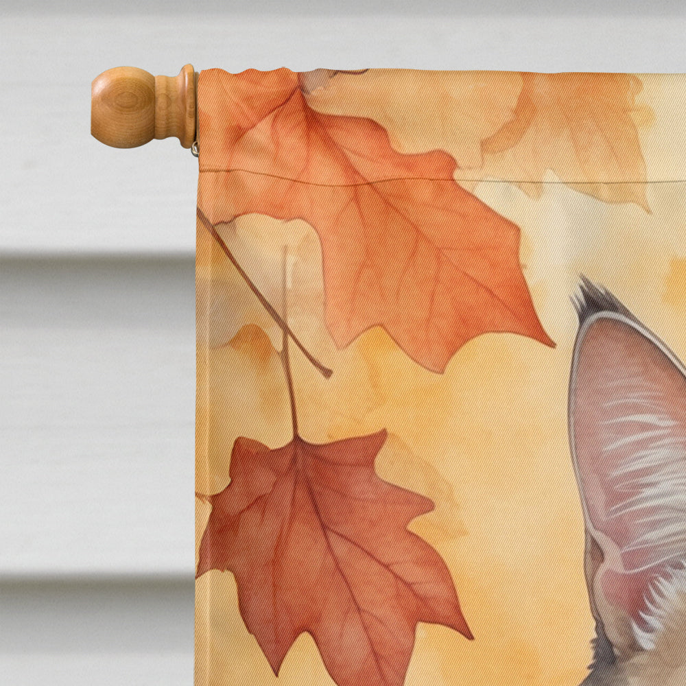 American Bobtail Cat in Fall Leaves House Flag 28x40 Porch Sleeve Pole Decorative Outside Yard Banner Artwork Wall Hanging, Polyester