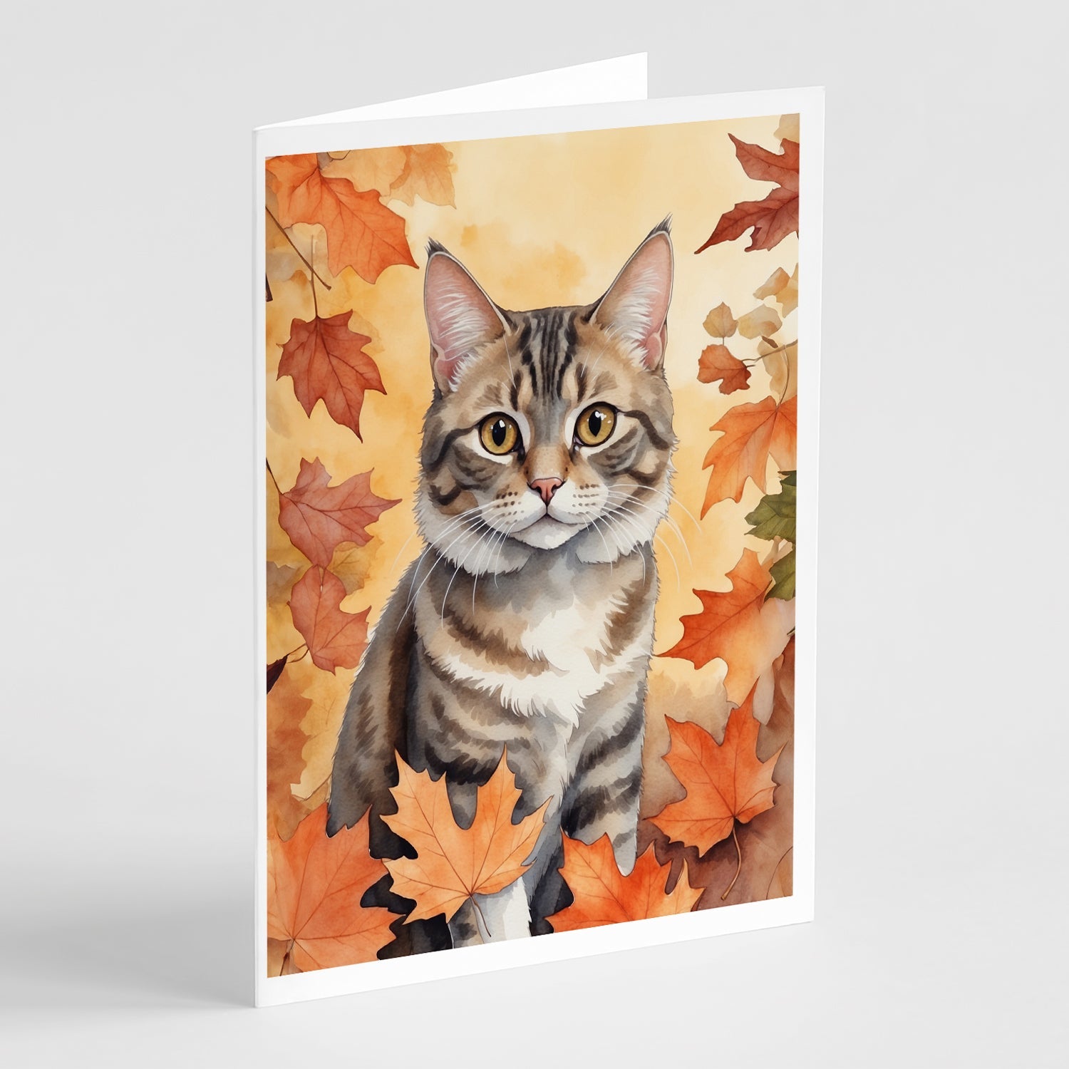 American Bobtail Cat in Fall Leaves Greeting Cards Pack of 8 Blank Cards with Envelopes Whimsical A7 Size 5x7