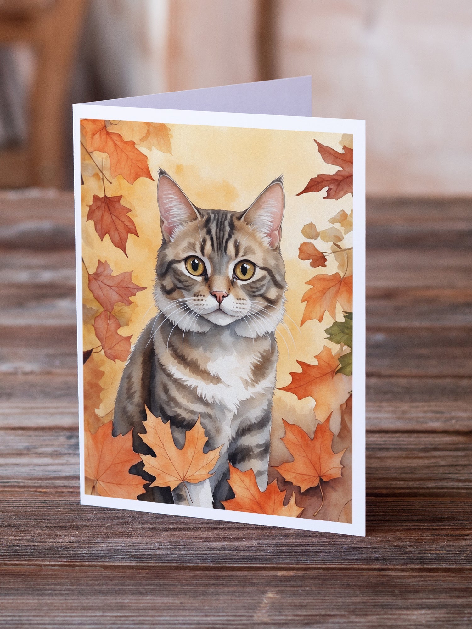 American Bobtail Cat in Fall Leaves Greeting Cards Pack of 8 Blank Cards with Envelopes Whimsical A7 Size 5x7