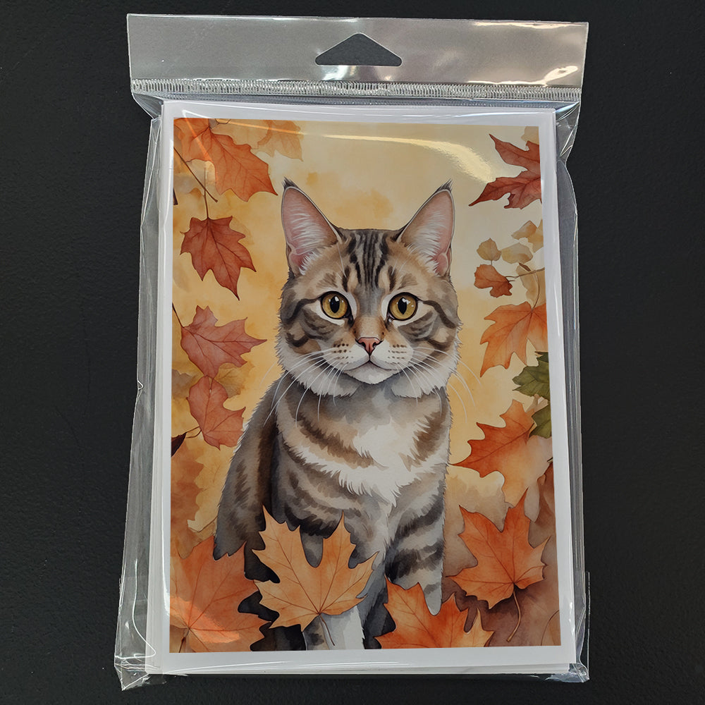 American Bobtail Cat in Fall Leaves Greeting Cards Pack of 8 Blank Cards with Envelopes Whimsical A7 Size 5x7