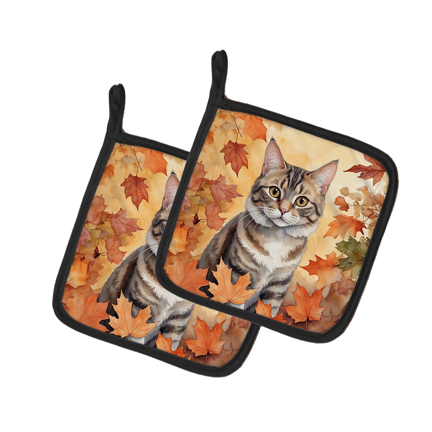 American Bobtail Cat in Fall Leaves Pot Holder Set of 2 Heat Resistant Quilted Hot Pads 7.5 x 7.5 Inch, Insulated Kitchen Trivets for Cooking & Baking