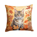 American Bobtail Cat in Fall Leaves Decorative Throw Pillow 14x14 Indoor Outdoor Accent Cushion, Fabric Cover with Insert for Sofa, Bed, Porch & Living Room
