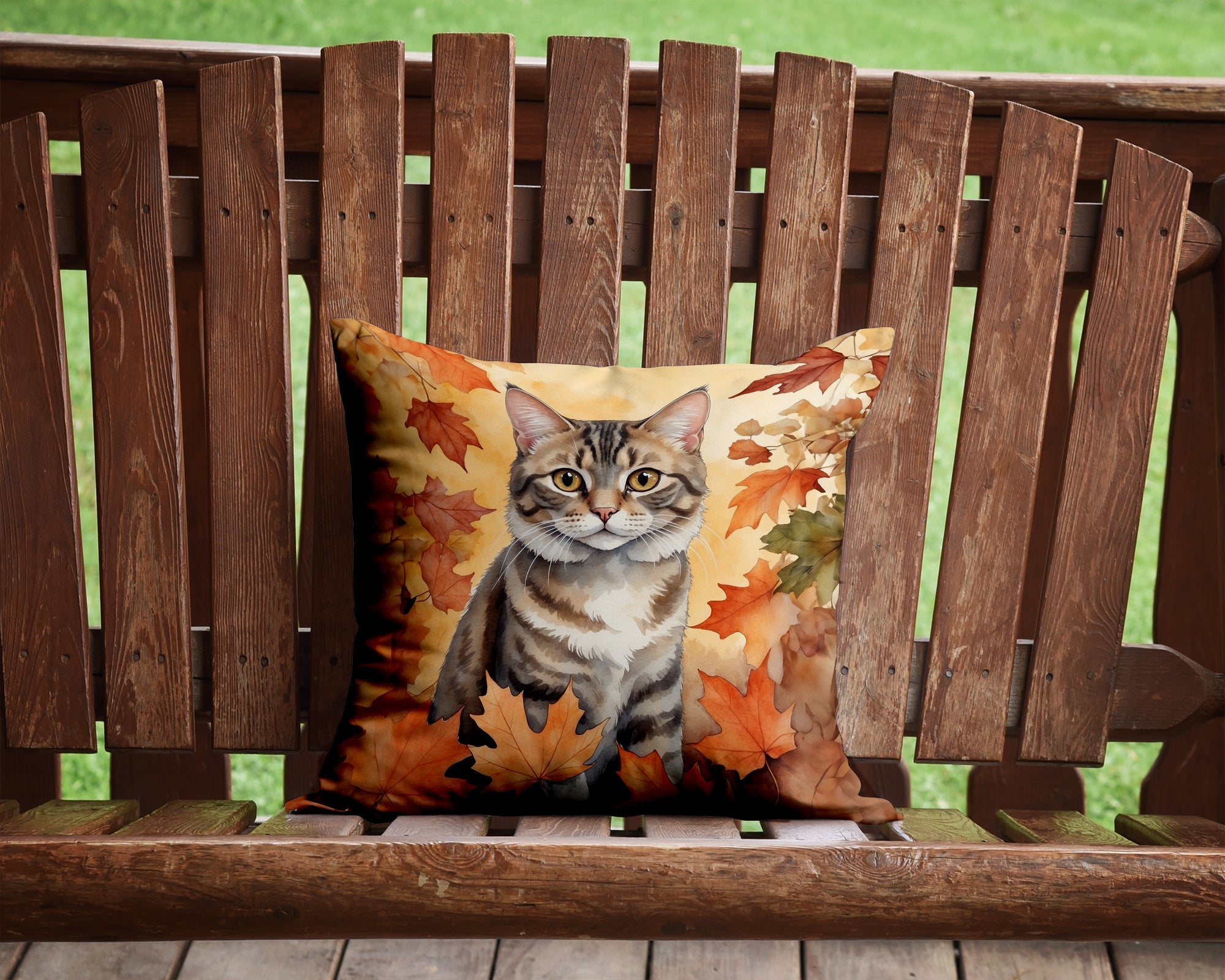 American Bobtail Cat in Fall Leaves Decorative Throw Pillow 14x14 Indoor Outdoor Accent Cushion, Fabric Cover with Insert for Sofa, Bed, Porch & Living Room