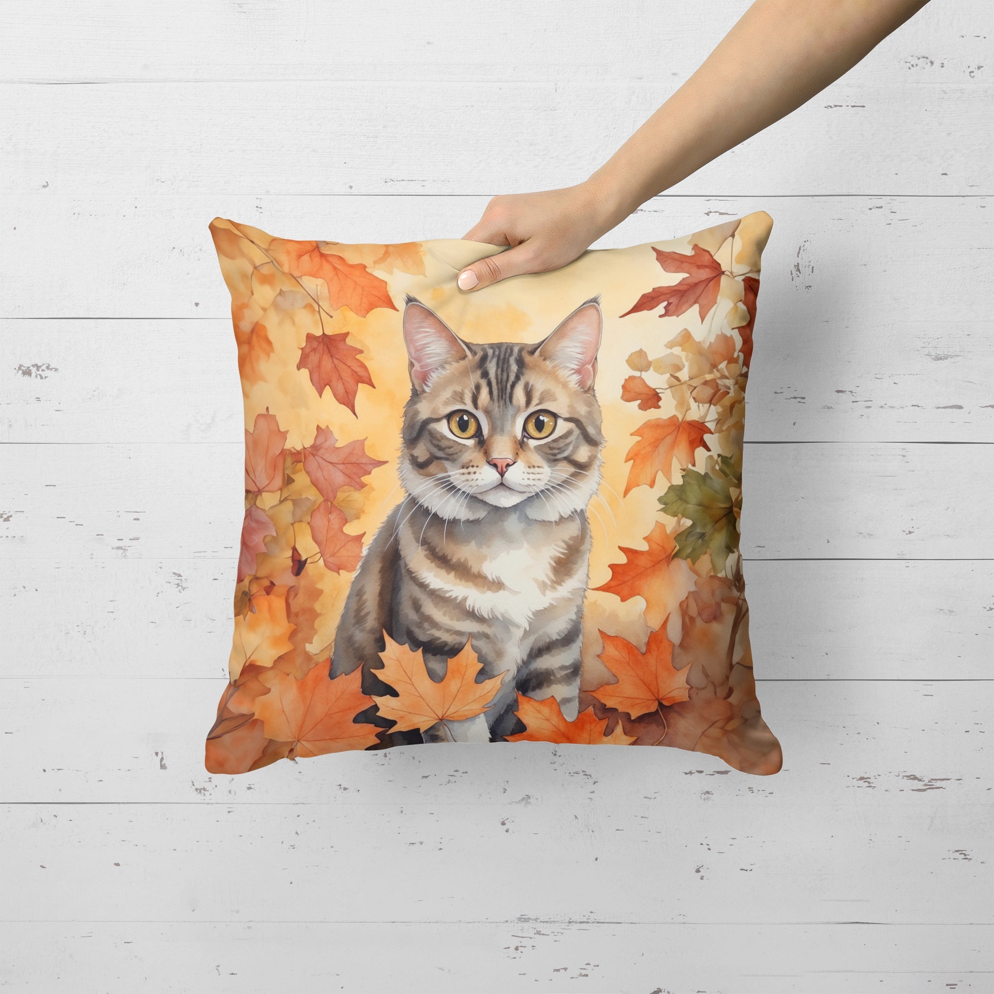 American Bobtail Cat in Fall Leaves Decorative Throw Pillow 18x18 Indoor Outdoor Accent Cushion, Fabric Cover with Insert for Sofa, Bed, Porch & Living Room