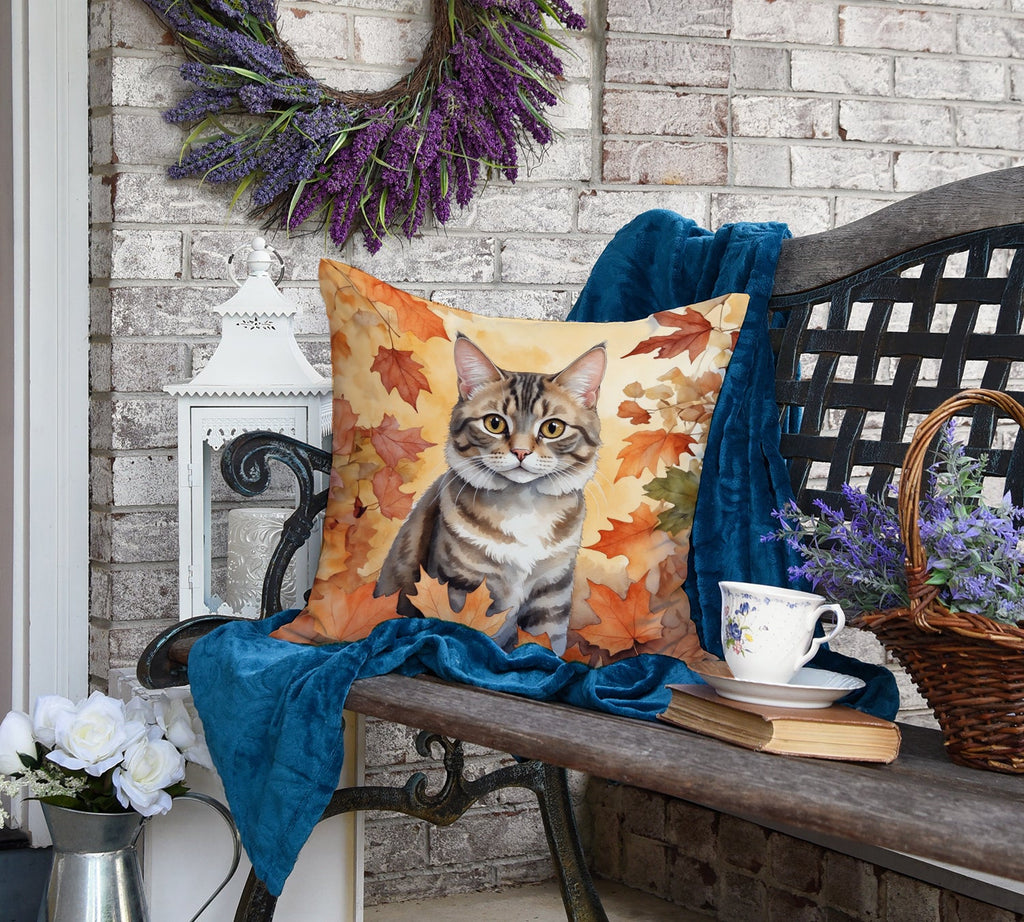 American Bobtail Cat in Fall Leaves Decorative Throw Pillow 18x18 Indoor Outdoor Accent Cushion, Fabric Cover with Insert for Sofa, Bed, Porch & Living Room