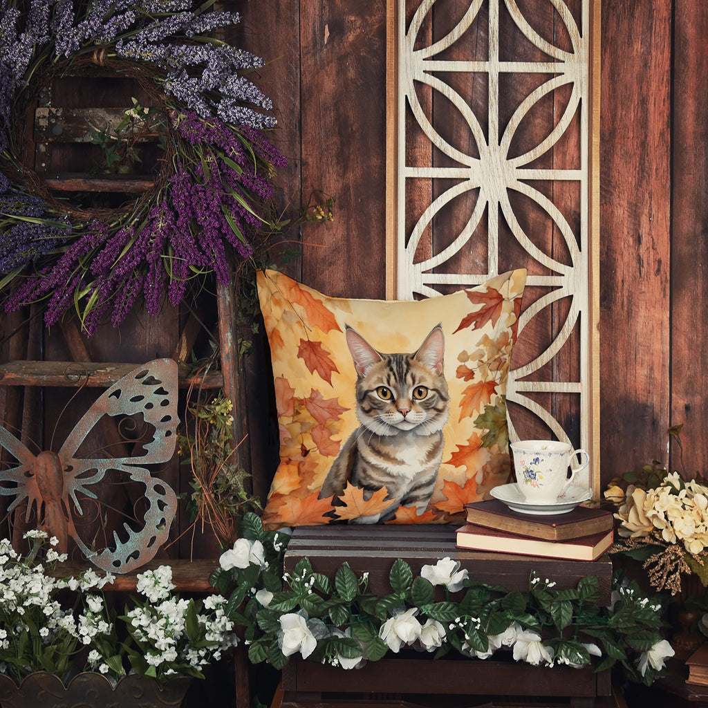 American Bobtail Cat in Fall Leaves Decorative Throw Pillow 18x18 Indoor Outdoor Accent Cushion, Fabric Cover with Insert for Sofa, Bed, Porch & Living Room