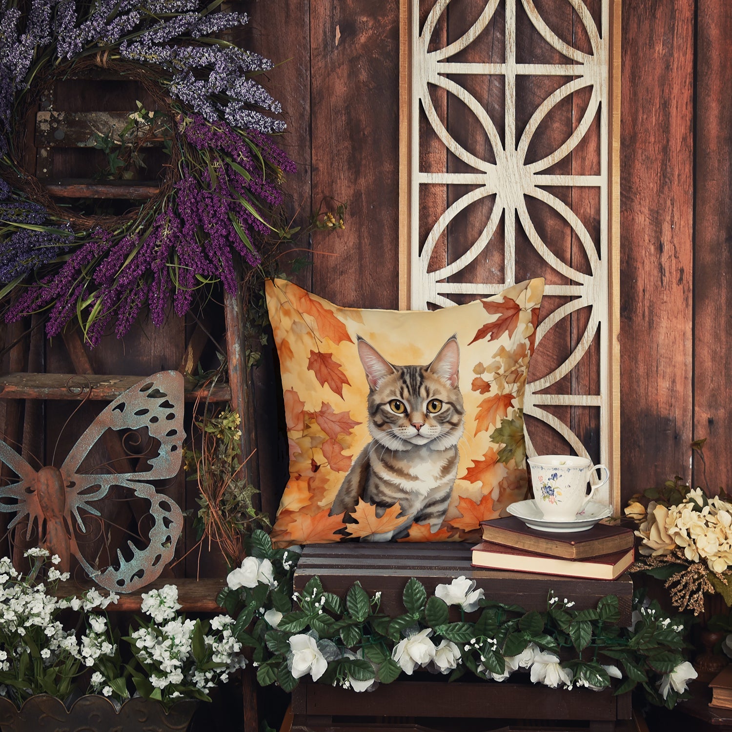 American Bobtail Cat in Fall Leaves Decorative Throw Pillow 18x18 Indoor Outdoor Accent Cushion, Fabric Cover with Insert for Sofa, Bed, Porch & Living Room