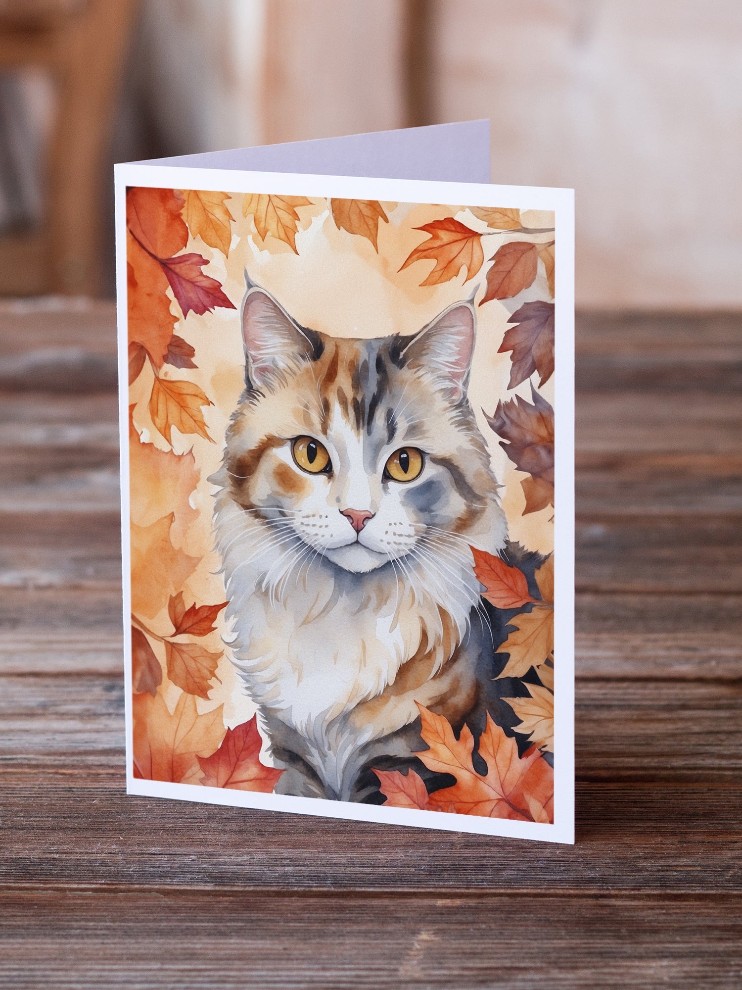 American Curl Cat in Fall Leaves Greeting Cards Pack of 8 Blank Cards with Envelopes Whimsical A7 Size 5x7