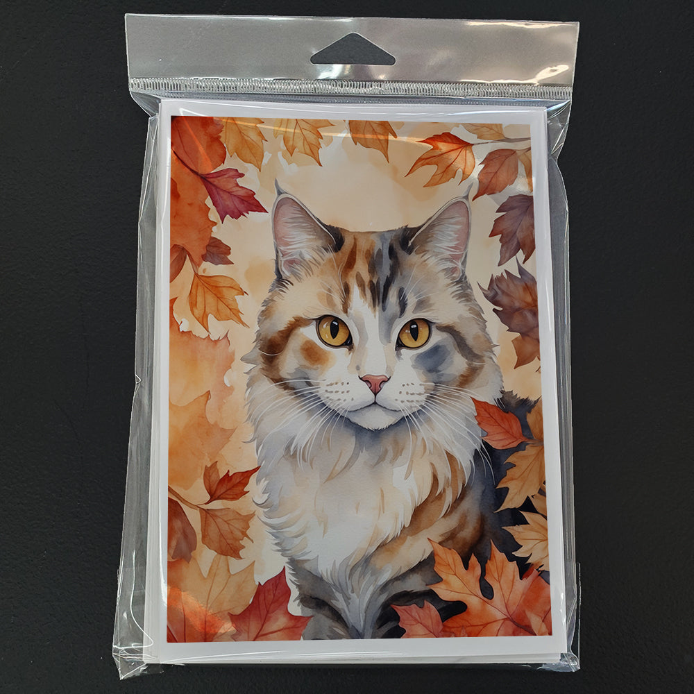 American Curl Cat in Fall Leaves Greeting Cards Pack of 8 Blank Cards with Envelopes Whimsical A7 Size 5x7