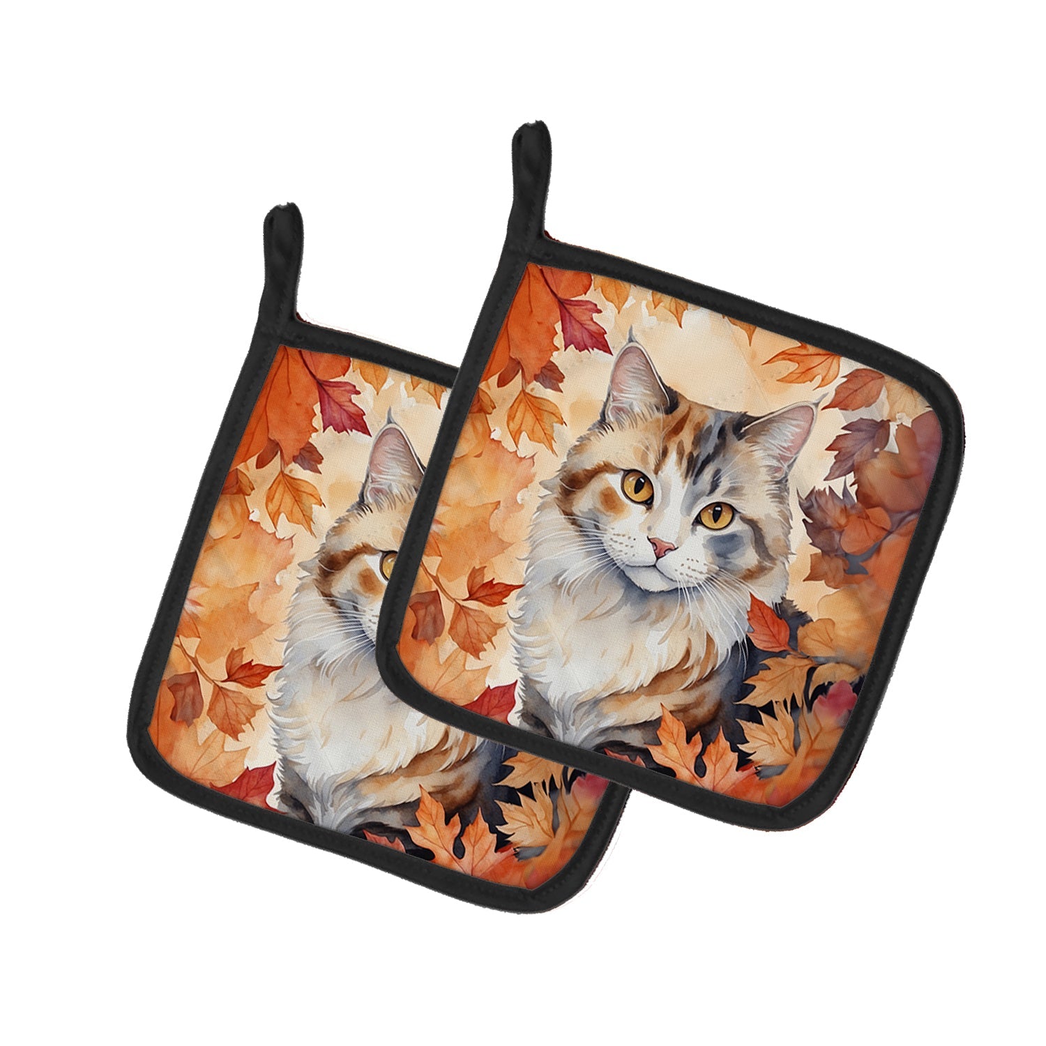 American Curl Cat in Fall Leaves Pot Holder Set of 2 Heat Resistant Quilted Hot Pads 7.5 x 7.5 Inch, Insulated Kitchen Trivets for Cooking & Baking