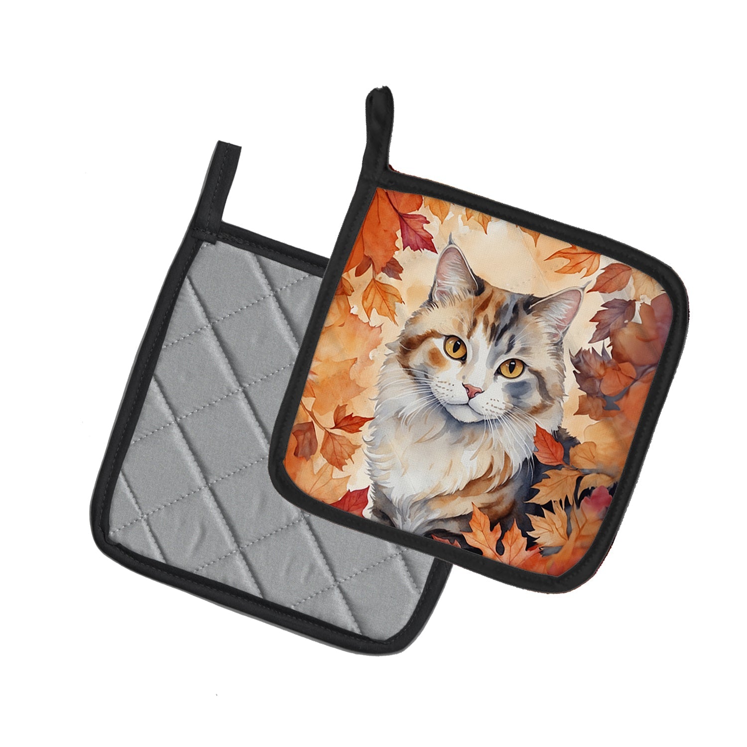 American Curl Cat in Fall Leaves Pot Holder Set of 2 Heat Resistant Quilted Hot Pads 7.5 x 7.5 Inch, Insulated Kitchen Trivets for Cooking & Baking