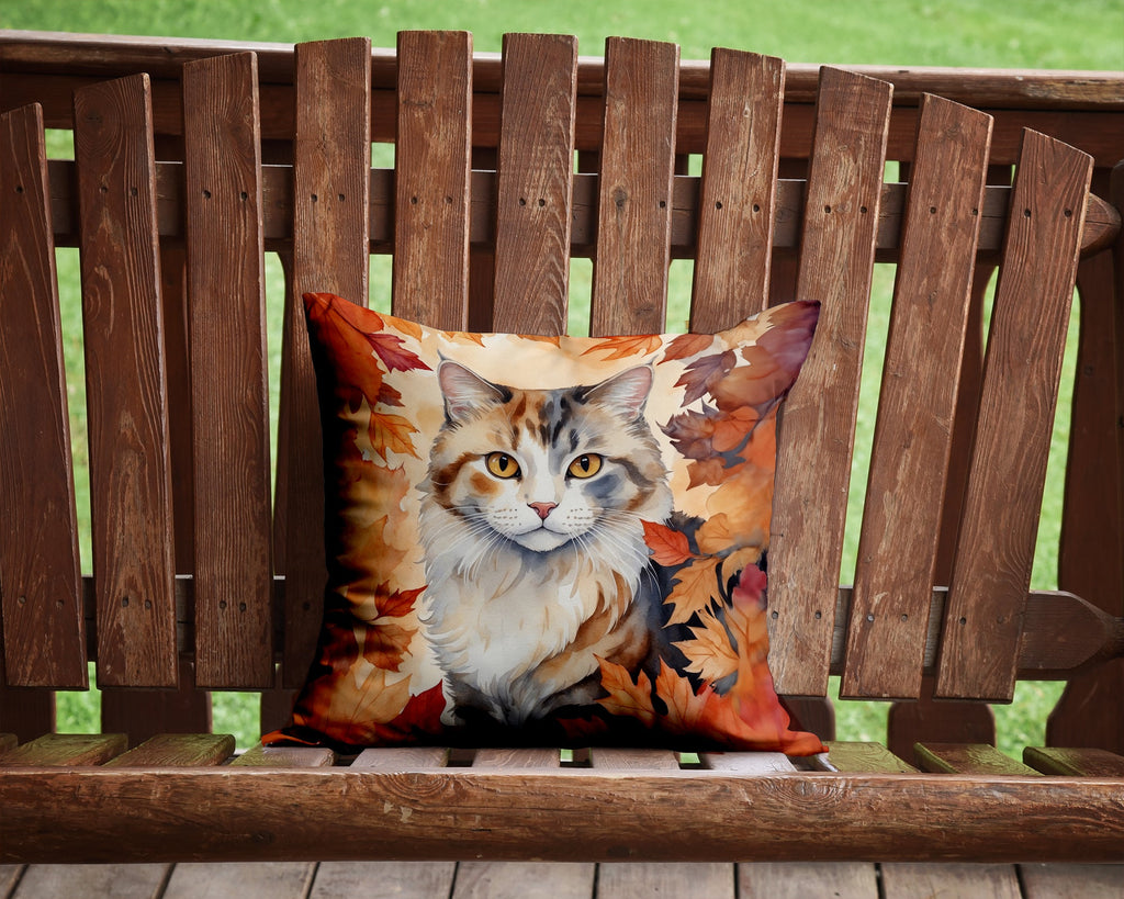 American Curl Cat in Fall Leaves Decorative Throw Pillow 14x14 Indoor Outdoor Accent Cushion, Fabric Cover with Insert for Sofa, Bed, Porch & Living Room