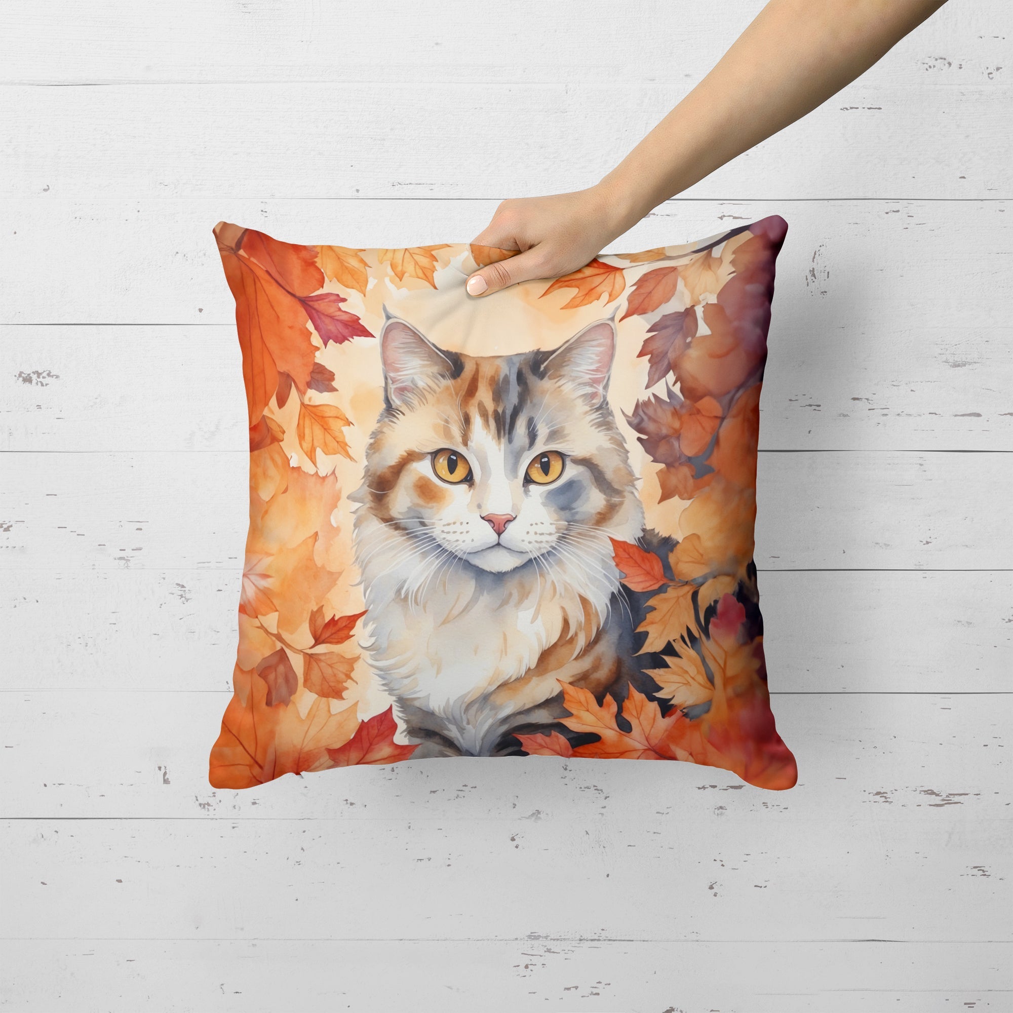 American Curl Cat in Fall Leaves Decorative Throw Pillow 18x18 Indoor Outdoor Accent Cushion, Fabric Cover with Insert for Sofa, Bed, Porch & Living Room