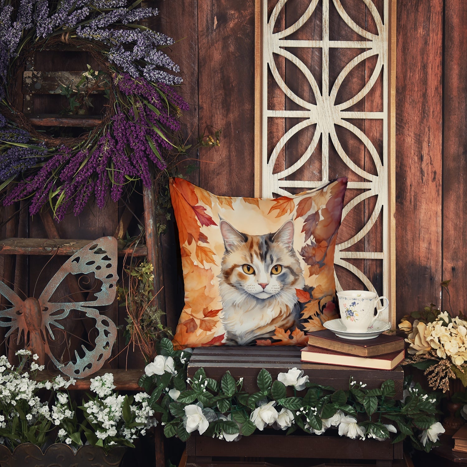 American Curl Cat in Fall Leaves Decorative Throw Pillow 18x18 Indoor Outdoor Accent Cushion, Fabric Cover with Insert for Sofa, Bed, Porch & Living Room