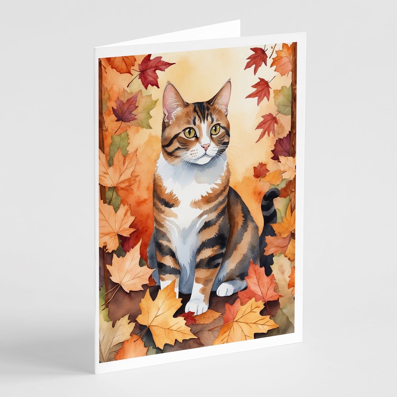 American Polydactyl Cat in Fall Leaves Greeting Cards Pack of 8 Blank Cards with Envelopes Whimsical A7 Size 5x7
