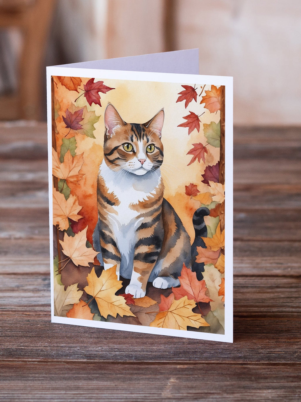 American Polydactyl Cat in Fall Leaves Greeting Cards Pack of 8 Blank Cards with Envelopes Whimsical A7 Size 5x7