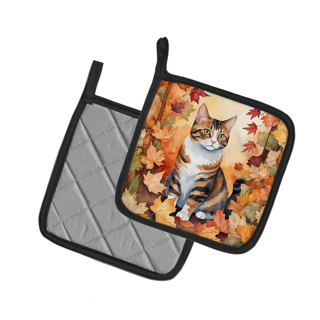 American Polydactyl Cat in Fall Leaves Pot Holder Set of 2 Heat Resistant Quilted Hot Pads 7.5 x 7.5 Inch, Insulated Kitchen Trivets for Cooking & Baking