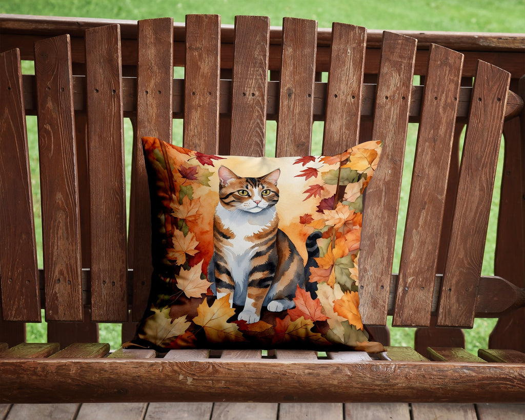 American Polydactyl Cat in Fall Leaves Decorative Throw Pillow 14x14 Indoor Outdoor Accent Cushion, Fabric Cover with Insert for Sofa, Bed, Porch & Living Room