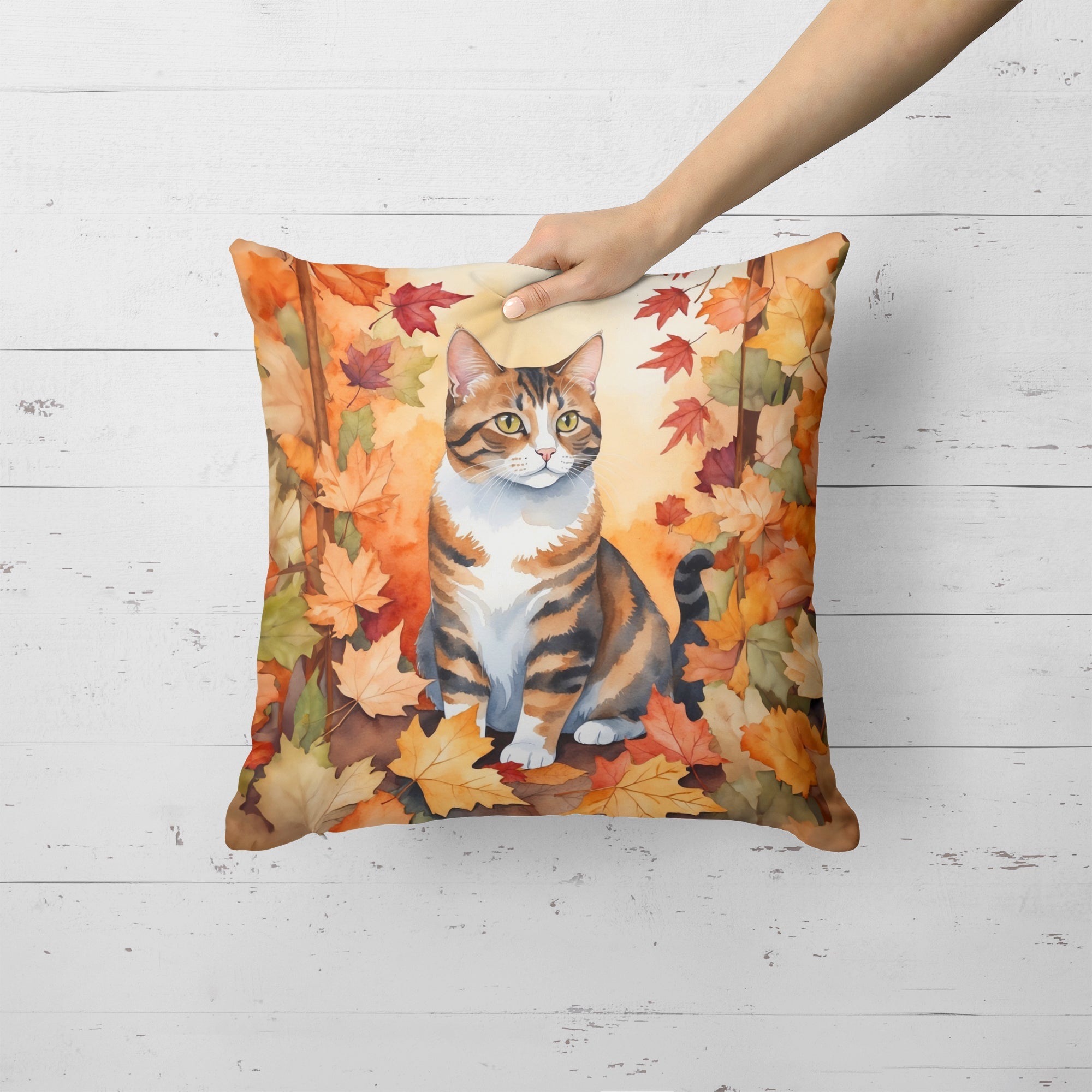 American Polydactyl Cat in Fall Leaves Decorative Throw Pillow 18x18 Indoor Outdoor Accent Cushion, Fabric Cover with Insert for Sofa, Bed, Porch & Living Room