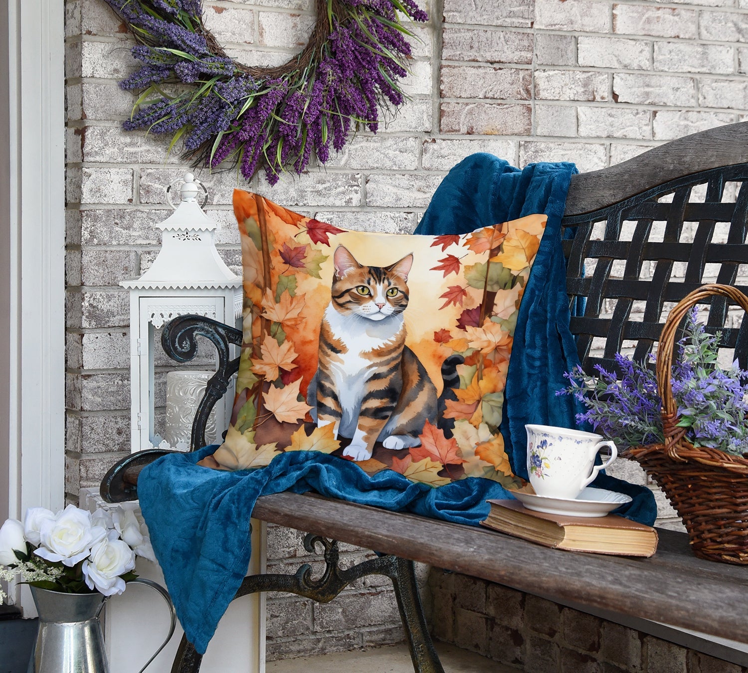 American Polydactyl Cat in Fall Leaves Decorative Throw Pillow 18x18 Indoor Outdoor Accent Cushion, Fabric Cover with Insert for Sofa, Bed, Porch & Living Room