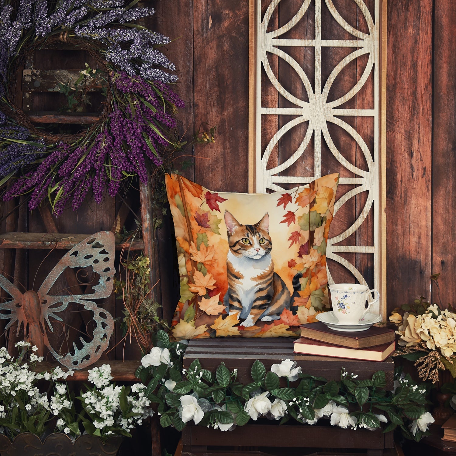 American Polydactyl Cat in Fall Leaves Decorative Throw Pillow 18x18 Indoor Outdoor Accent Cushion, Fabric Cover with Insert for Sofa, Bed, Porch & Living Room