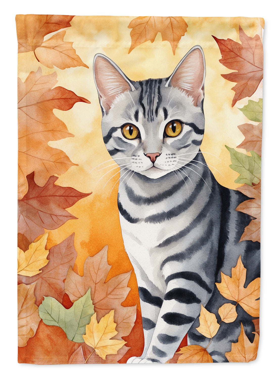 American Shorthair Cat in Fall Leaves House Flag 28x40 Porch Sleeve Pole Decorative Outside Yard Banner Artwork Wall Hanging, Polyester