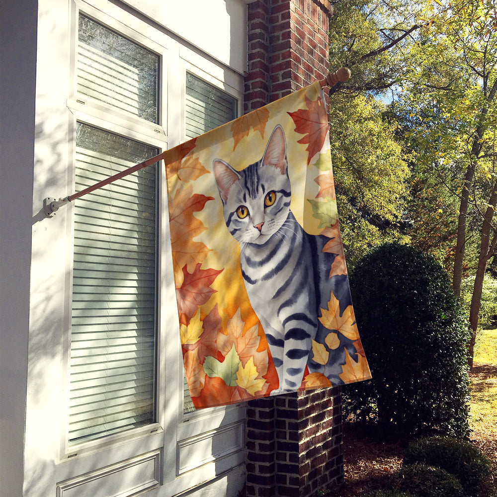 American Shorthair Cat in Fall Leaves House Flag 28x40 Porch Sleeve Pole Decorative Outside Yard Banner Artwork Wall Hanging, Polyester
