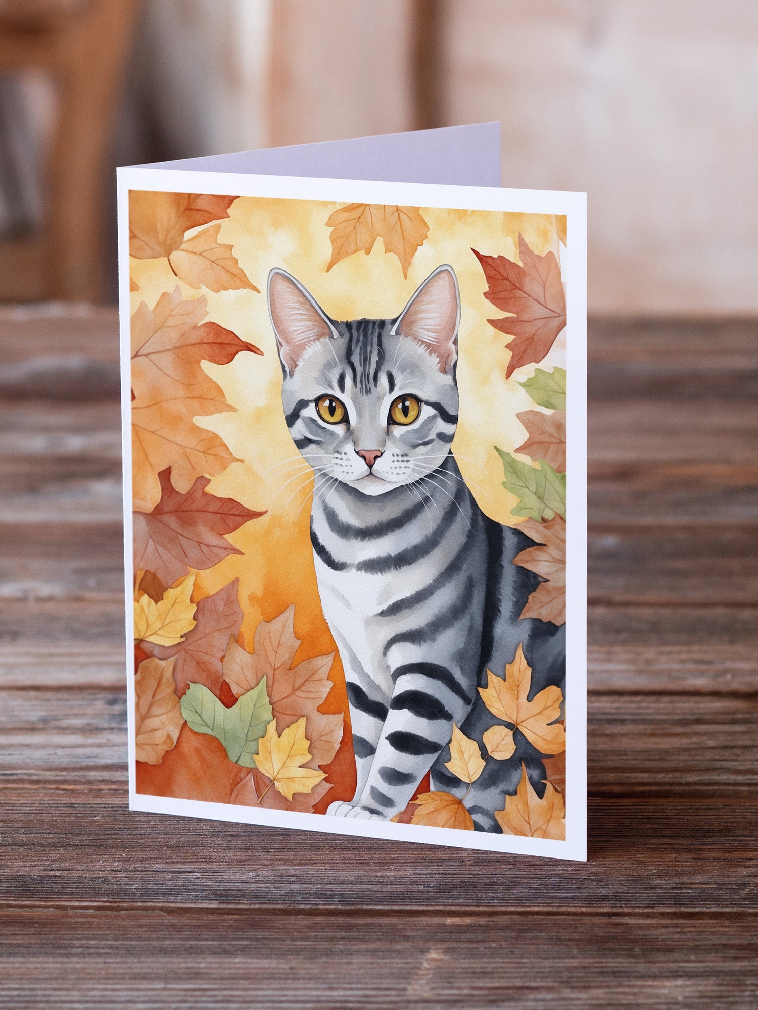 American Shorthair Cat in Fall Leaves Greeting Cards Pack of 8 Blank Cards with Envelopes Whimsical A7 Size 5x7