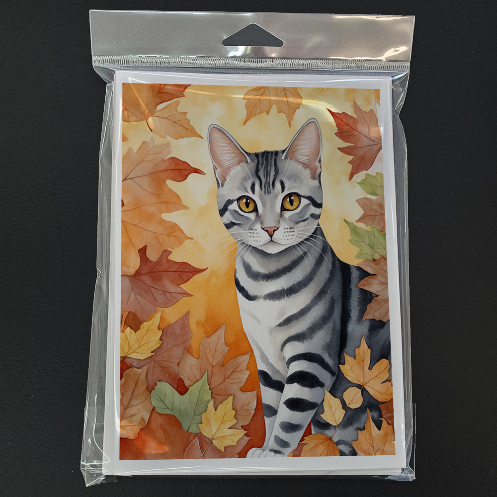 American Shorthair Cat in Fall Leaves Greeting Cards Pack of 8 Blank Cards with Envelopes Whimsical A7 Size 5x7
