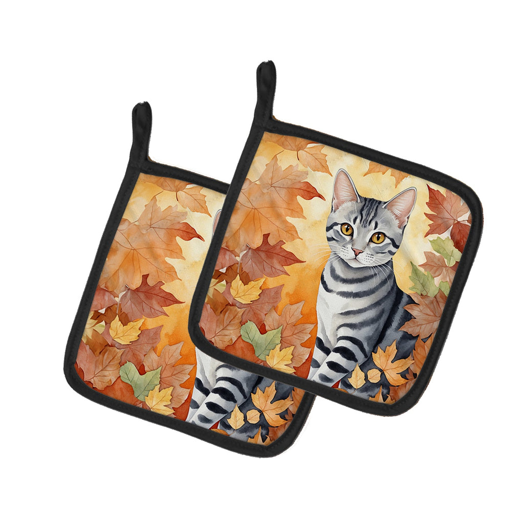 American Shorthair Cat in Fall Leaves Pot Holder Set of 2 Heat Resistant Quilted Hot Pads 7.5 x 7.5 Inch, Insulated Kitchen Trivets for Cooking & Baking