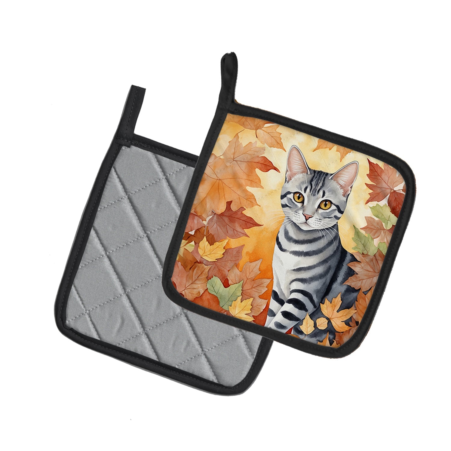 American Shorthair Cat in Fall Leaves Pot Holder Set of 2 Heat Resistant Quilted Hot Pads 7.5 x 7.5 Inch, Insulated Kitchen Trivets for Cooking & Baking