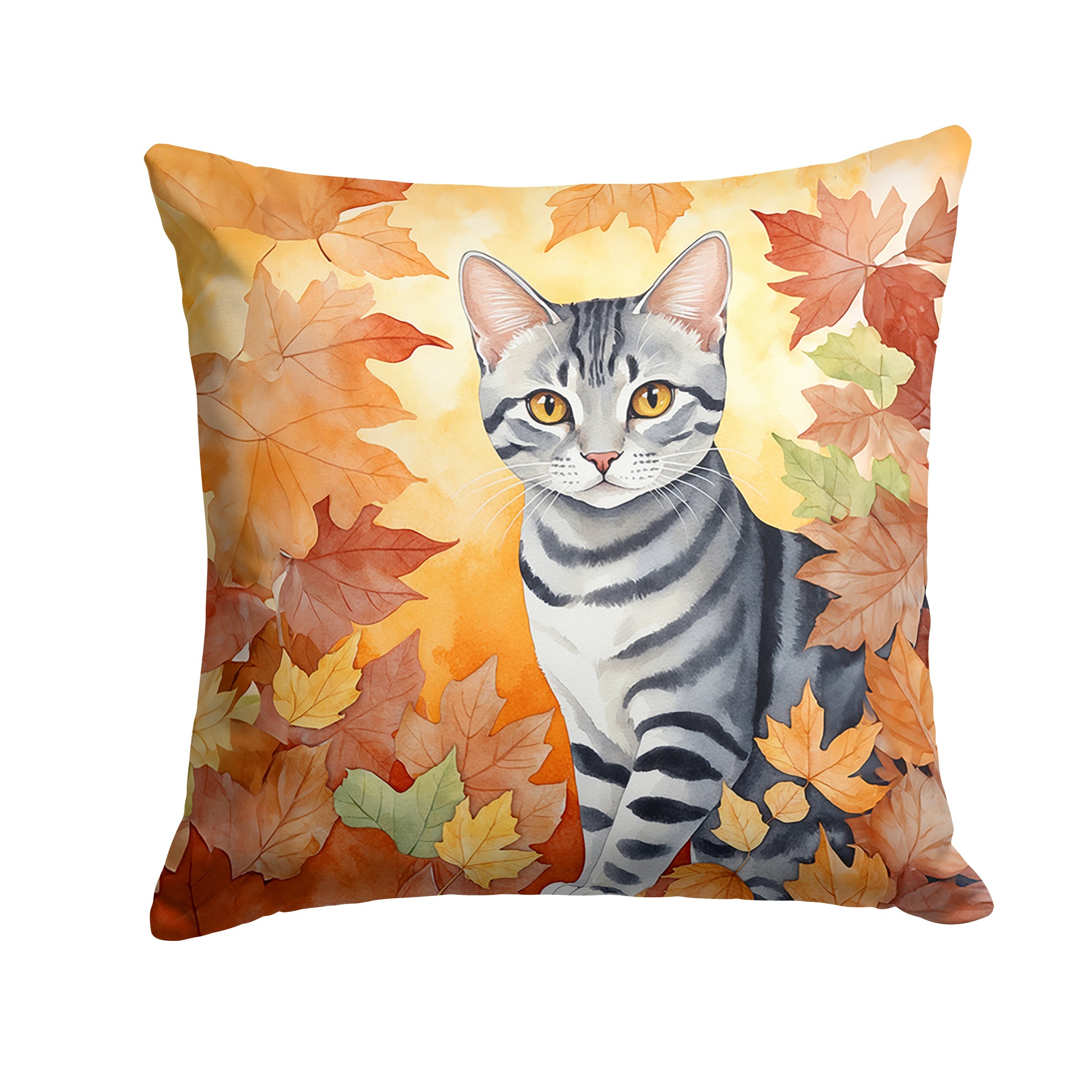 American Shorthair Cat in Fall Leaves Decorative Throw Pillow 14x14 Indoor Outdoor Accent Cushion, Fabric Cover with Insert for Sofa, Bed, Porch & Living Room