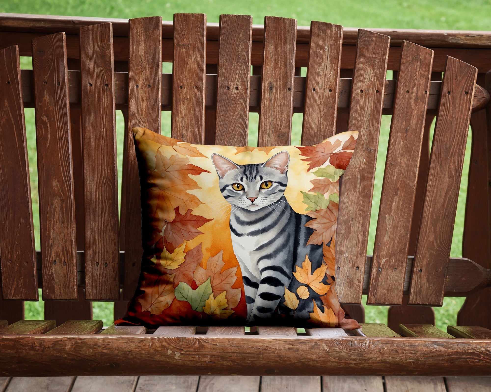 American Shorthair Cat in Fall Leaves Decorative Throw Pillow 14x14 Indoor Outdoor Accent Cushion, Fabric Cover with Insert for Sofa, Bed, Porch & Living Room