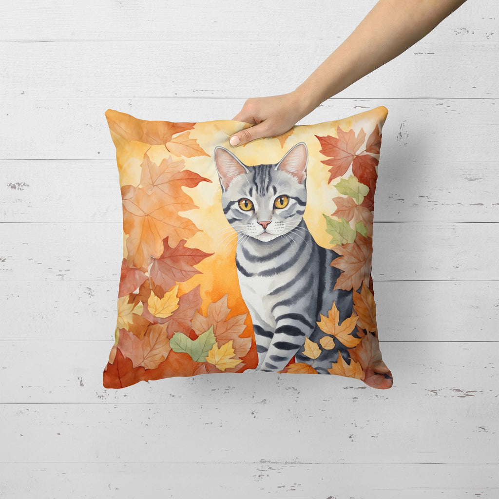 American Shorthair Cat in Fall Leaves Decorative Throw Pillow 18x18 Indoor Outdoor Accent Cushion, Fabric Cover with Insert for Sofa, Bed, Porch & Living Room