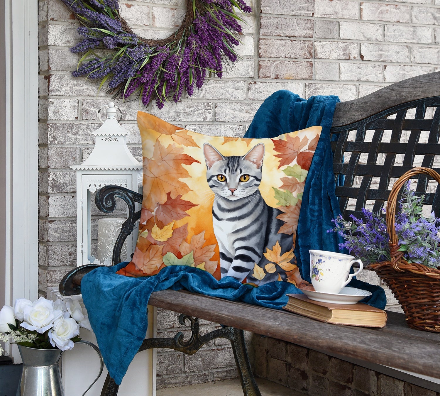 American Shorthair Cat in Fall Leaves Decorative Throw Pillow 18x18 Indoor Outdoor Accent Cushion, Fabric Cover with Insert for Sofa, Bed, Porch & Living Room