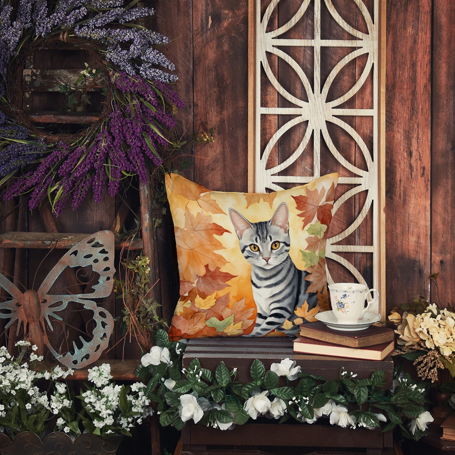 American Shorthair Cat in Fall Leaves Decorative Throw Pillow 18x18 Indoor Outdoor Accent Cushion, Fabric Cover with Insert for Sofa, Bed, Porch & Living Room
