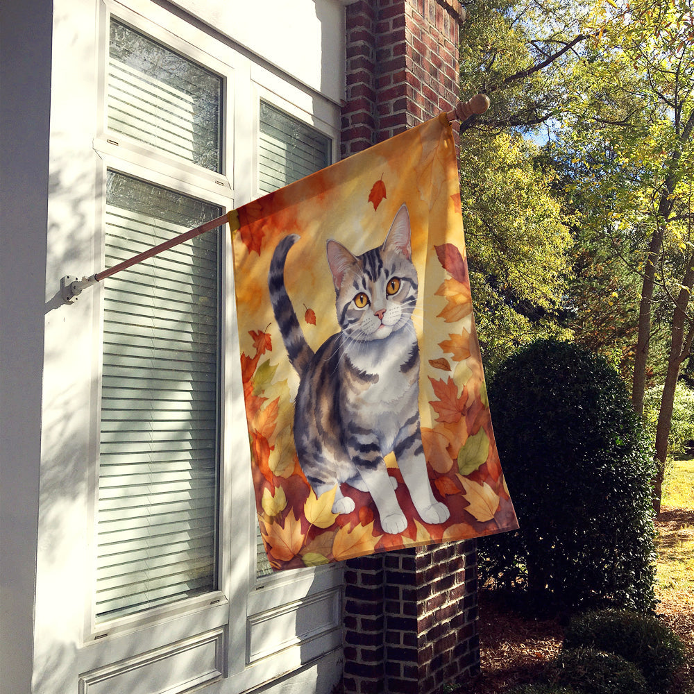 American Wirehair Cat in Fall Leaves House Flag 28x40 Porch Sleeve Pole Decorative Outside Yard Banner Artwork Wall Hanging, Polyester
