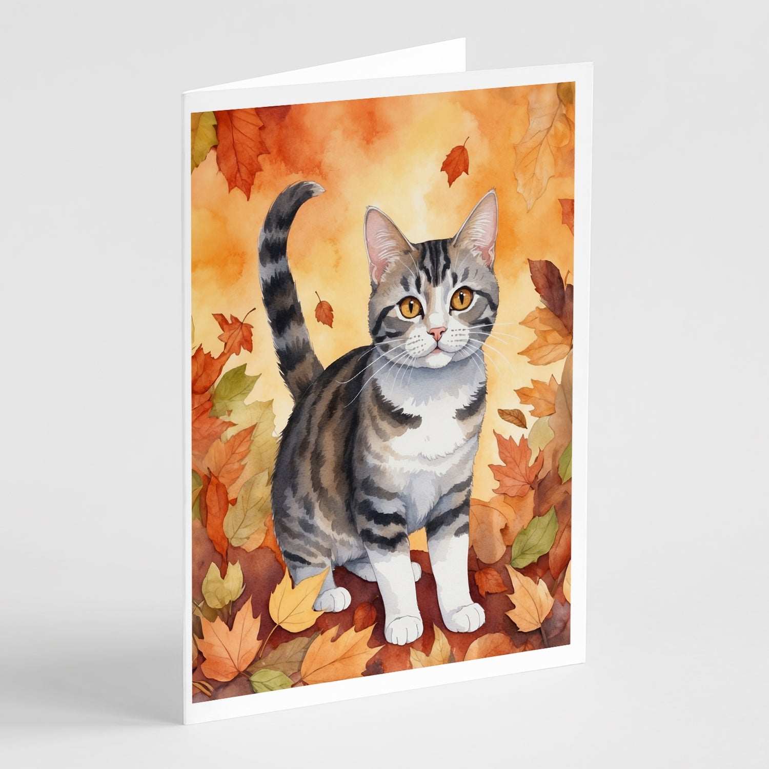 American Wirehair Cat in Fall Leaves Greeting Cards Pack of 8 Blank Cards with Envelopes Whimsical A7 Size 5x7