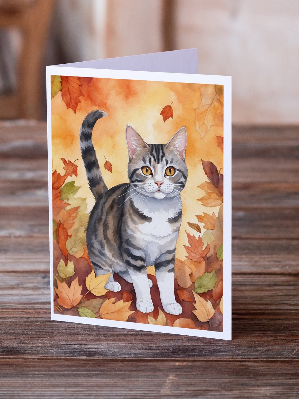 American Wirehair Cat in Fall Leaves Greeting Cards Pack of 8 Blank Cards with Envelopes Whimsical A7 Size 5x7
