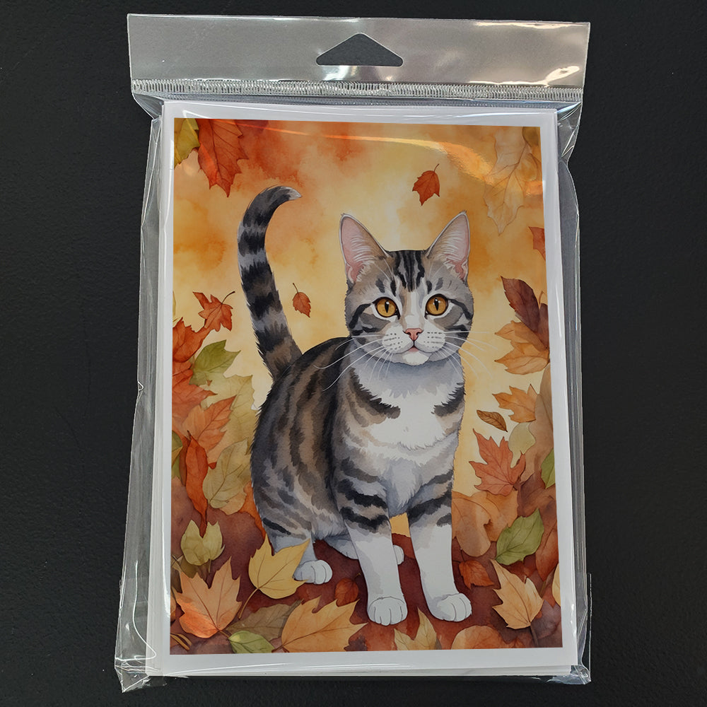 American Wirehair Cat in Fall Leaves Greeting Cards Pack of 8 Blank Cards with Envelopes Whimsical A7 Size 5x7