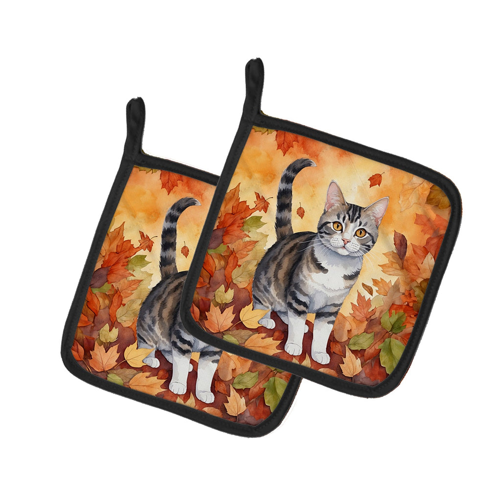 American Wirehair Cat in Fall Leaves Pot Holder Set of 2 Heat Resistant Quilted Hot Pads 7.5 x 7.5 Inch, Insulated Kitchen Trivets for Cooking & Baking