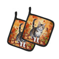 American Wirehair Cat in Fall Leaves Pot Holder Set of 2 Heat Resistant Quilted Hot Pads 7.5 x 7.5 Inch, Insulated Kitchen Trivets for Cooking & Baking