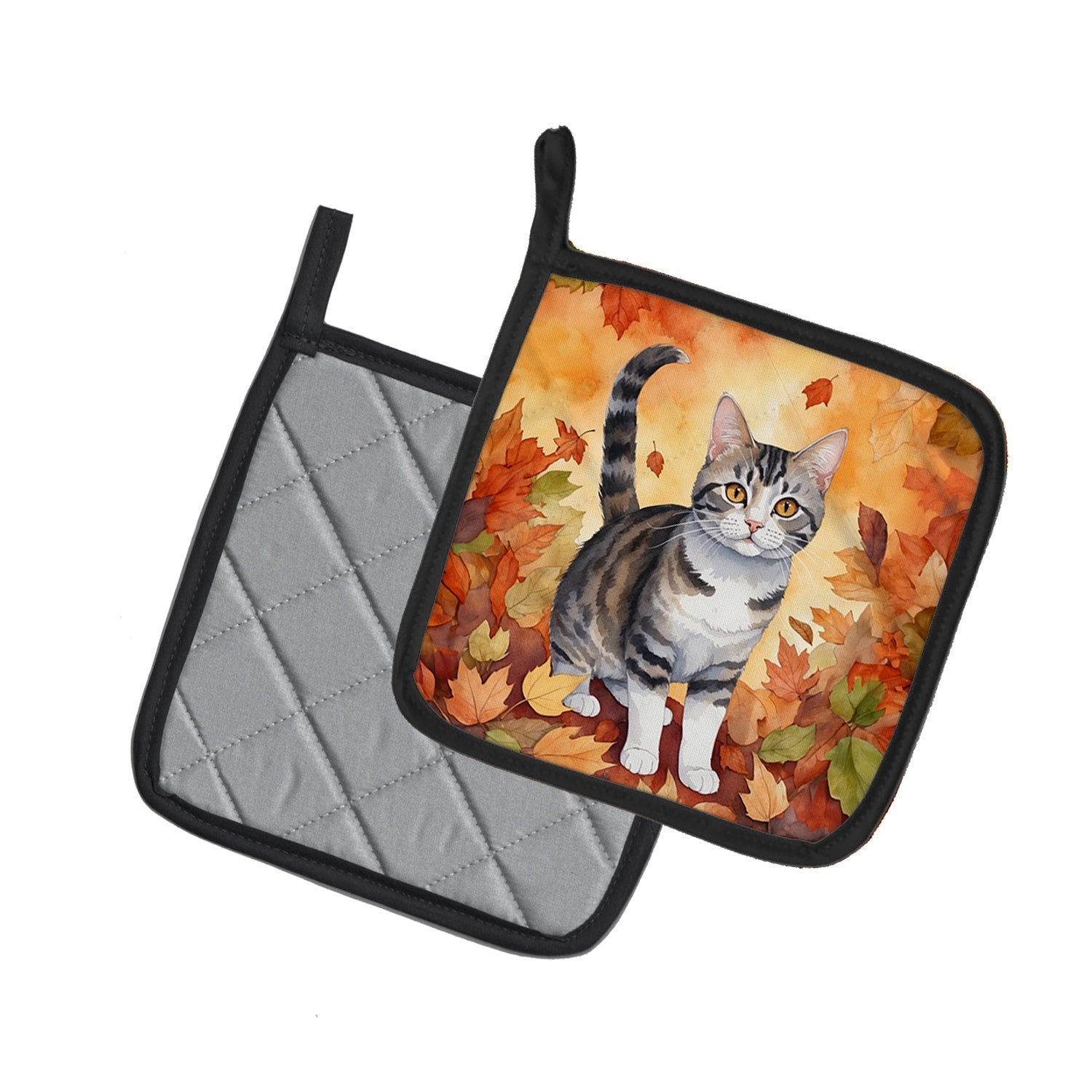 American Wirehair Cat in Fall Leaves Pot Holder Set of 2 Heat Resistant Quilted Hot Pads 7.5 x 7.5 Inch, Insulated Kitchen Trivets for Cooking & Baking