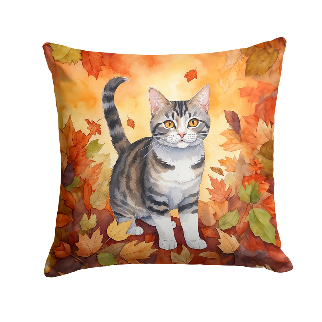 American Wirehair Cat in Fall Leaves Decorative Throw Pillow 14x14 Indoor Outdoor Accent Cushion, Fabric Cover with Insert for Sofa, Bed, Porch & Living Room