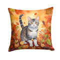 American Wirehair Cat in Fall Leaves Decorative Throw Pillow 14x14 Indoor Outdoor Accent Cushion, Fabric Cover with Insert for Sofa, Bed, Porch & Living Room