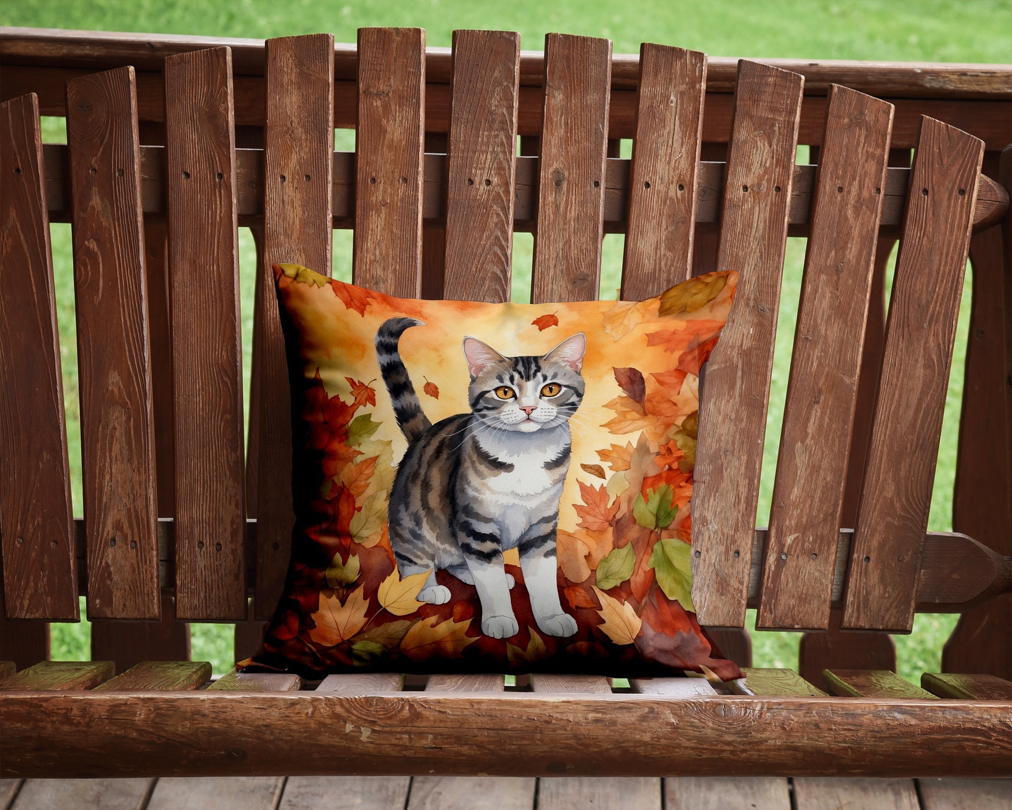 American Wirehair Cat in Fall Leaves Decorative Throw Pillow 14x14 Indoor Outdoor Accent Cushion, Fabric Cover with Insert for Sofa, Bed, Porch & Living Room