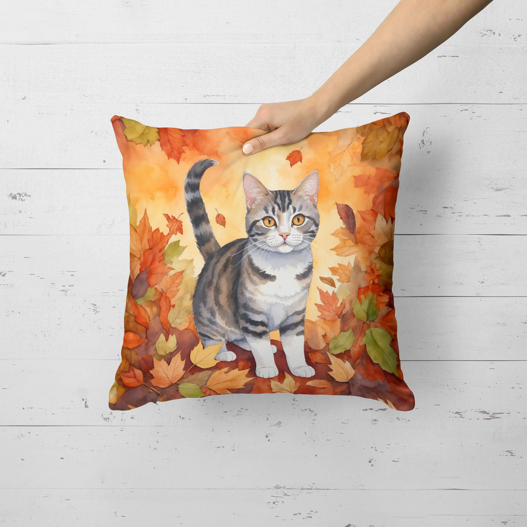 American Wirehair Cat in Fall Leaves Decorative Throw Pillow 18x18 Indoor Outdoor Accent Cushion, Fabric Cover with Insert for Sofa, Bed, Porch & Living Room