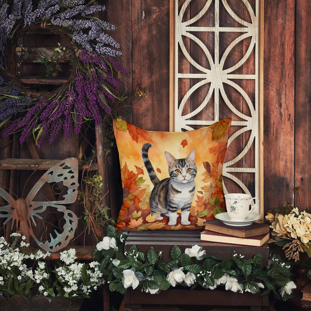 American Wirehair Cat in Fall Leaves Decorative Throw Pillow 18x18 Indoor Outdoor Accent Cushion, Fabric Cover with Insert for Sofa, Bed, Porch & Living Room