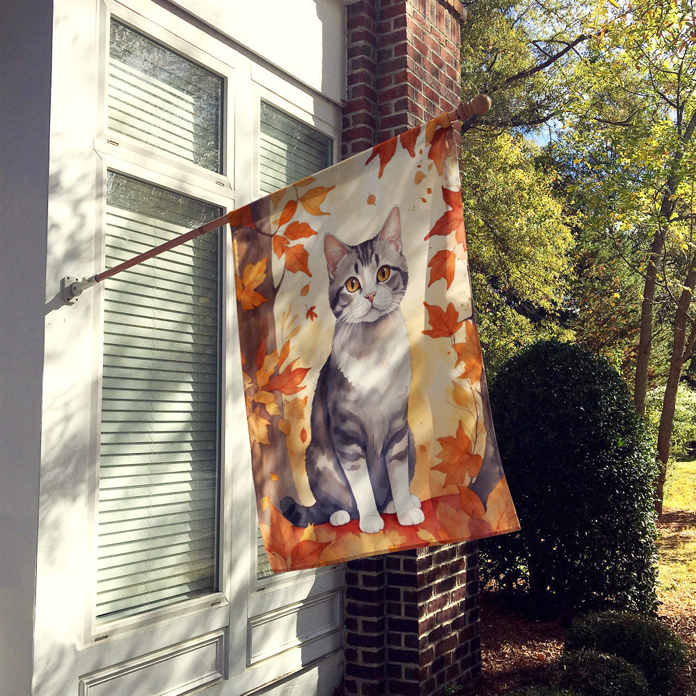 American Wirehair Cat in Fall Leaves House Flag 28x40 Porch Sleeve Pole Decorative Outside Yard Banner Artwork Wall Hanging, Polyester